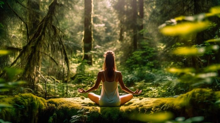 Femme en méditation dans la forêt, image du retour à soi proposé par les cercles de parole